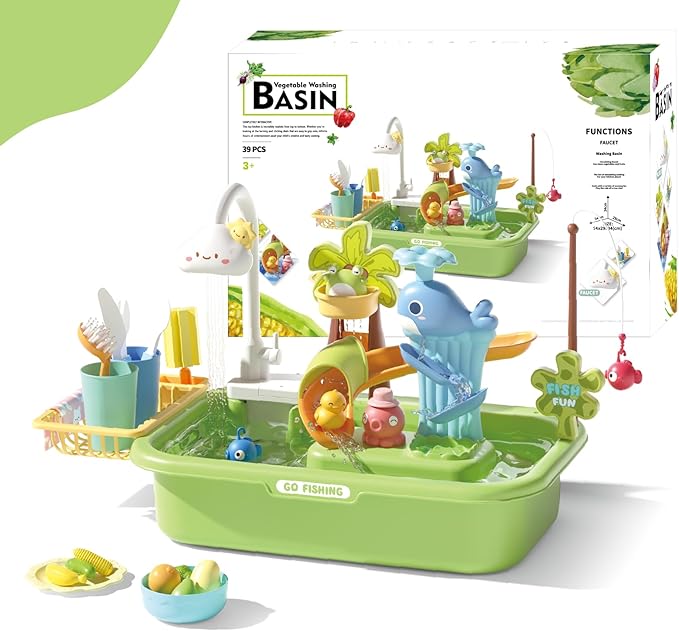 Kids Play Sink with Running Water & Electric Faucet, 4-in-1 Kitchen Sink Toy with Fishing Game, Pretend Play Kitchen Toy Accessories, Role Play Dishwasher Toys for Toddlers Boys Girls Green