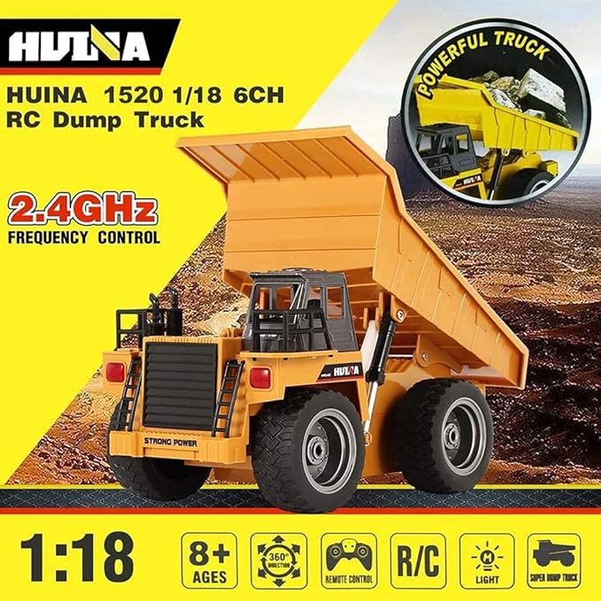 Remote Control Construction Dump Truck Toy 2.4G RC 6 Channel Bulldozer 4 Wheel Driver Mine Construction Alloy Metal Vehicle Truck 1:18 with 2 Rechargeable Batteries for Boys Birthday Xmas Gift