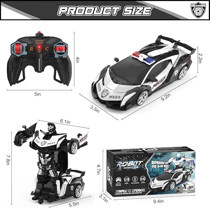 BLUEJAY Transform Rc Cars for Boys 4-7 8-12, 2.4Ghz Remote Control Car 1:18 Scale Transforming Robot, One-Button Deformation 360° Rotation Car Toy Gifts for Boys 3-5 (Police)