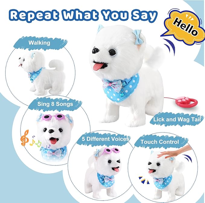 Samoyed Walking Dog Toy for Kid Girl Puppy Toy Licking Barking with Leash, Electric Talking Singing Tail Wag Plush Robot Doggy DIY Pretend Dress Up Interactive Dog