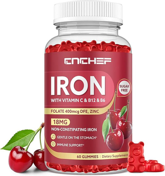 Iron Supplement for Women & Men Gummies, Multivitamin Blood Builder Iron Supplement with Folate Vitamin C B12 B6 Zinc for Adults & Kids - Energy Support - Cherry Flavor, Vegan 60 Gummies