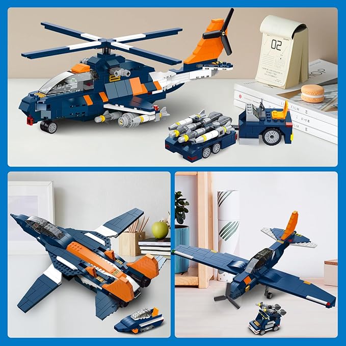HOGOKIDS 3 in 1 Fighter Jet Plane Building Sets, Military Propeller Aircraft Gunship Building Toys with Vehicle/Rocket Launcher/Speedboat Model Toys, Birthday Gift for Kids, Boys and Girls 10+, 738PCS