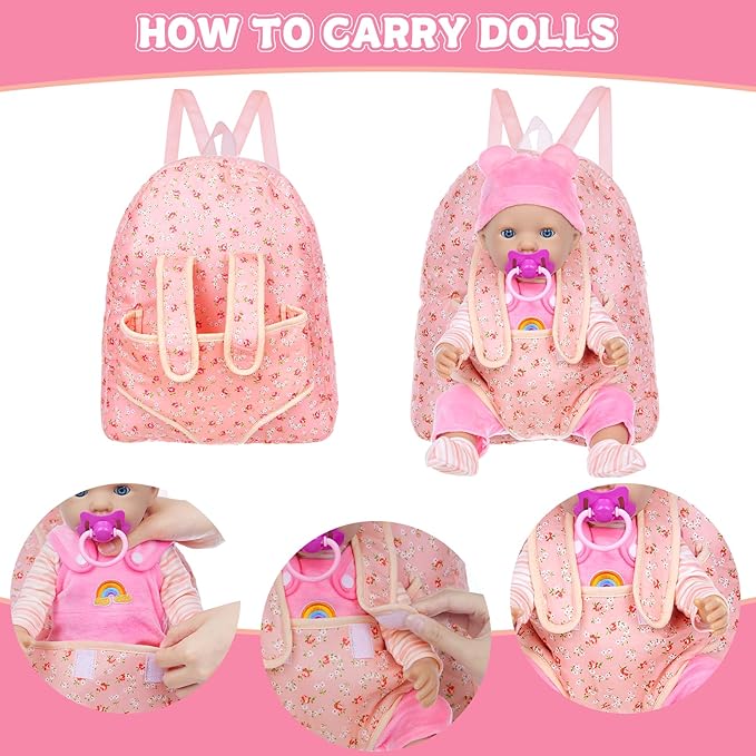 Baby Doll Clothes with Doll Backpack Carrier for 14-18 Inch Doll,Reborn Baby Doll Accessories Set with Doll Bottles Doll Pacifiers for Toddlers and Kids 2 3 4 5 Year Old（Doll not Included）