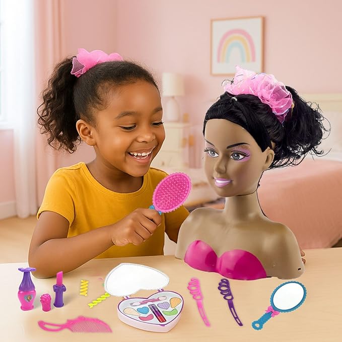 Liberty Imports African American Black Makeup and Hair Styling Doll Head Toy Playset with Real Washable Cosmetic and Fashion Dress Up Accessories for Girls Pretend Play