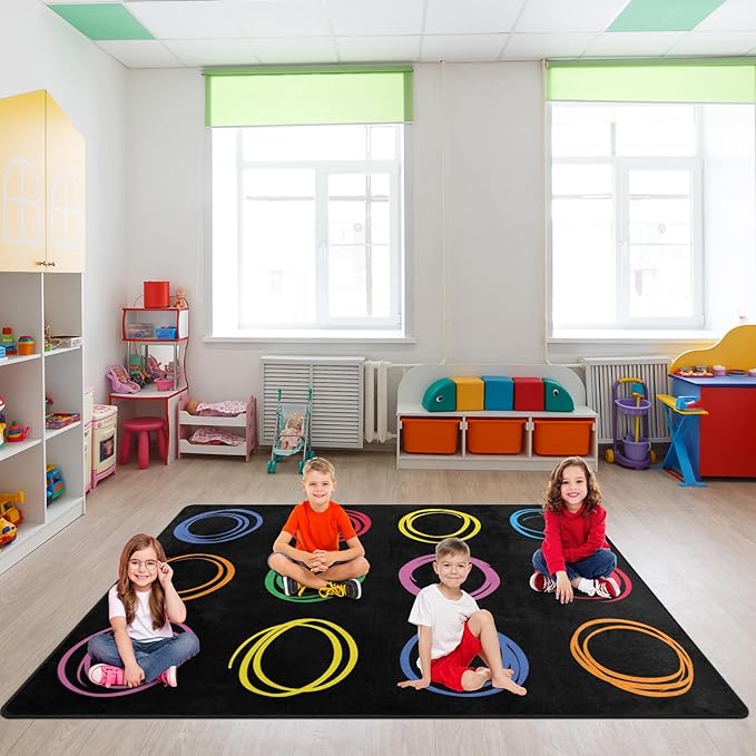 Kids Rug, Classroom Carpets Playmat Rugs, 5x7 Ft Kids Carpet with Rubber Backing, Colorful Circles Children's Classroom Seating Rug Nursery Rugs for Kids Room, Playroom or Elementary, Black, Seats 12