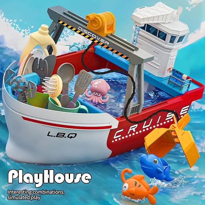 Ship Toy, Toy Boats for Water Play, Kids Bath Toy with Mini Fishes & Tools Dolls, Bathtub Bathroom Pool Beach Toy Set for Toddlers Boys, Toy Boats for Pool