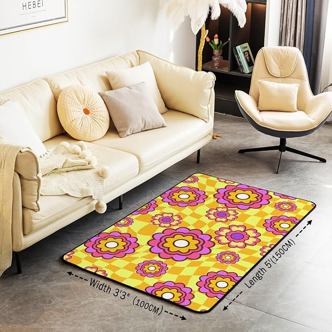 Erosebridal Colorful Flower Area Rug 3x5 Hippie 70S Groovy Floral Power Carpet Gold Abstract Checkered Decorative Rug for Kids Girls, Aesthetic Psychedelic Non Slip Rug for Living Room