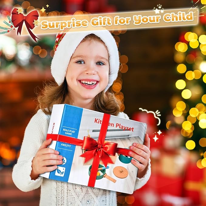 35 PCS Wooden Play Kitchen Accessories, Pretend Play Kitchen Toys for Kids Toddlers, Wooden Play Cooking Set Play Food Cookware Pots Pan Dishes, Gifts for Girls Boy 3 4 5 6 Years Old