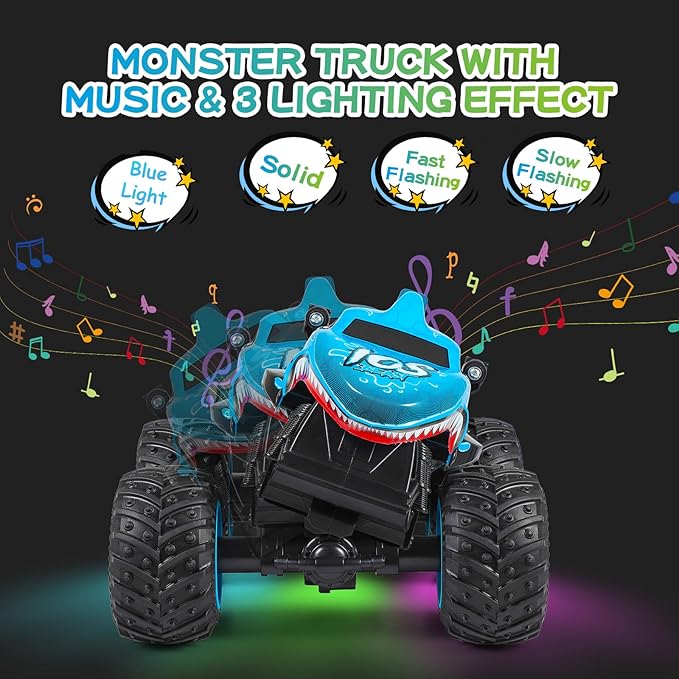 Remote Control Car, 2.4Ghz All Terrain Shark Monster Truck Toys, RC Truck with Music, 3 Lighting Effects, 360 Stunt Capable, All Included Ready to Run, Toy Gifts for Boys and Girls (Blue)