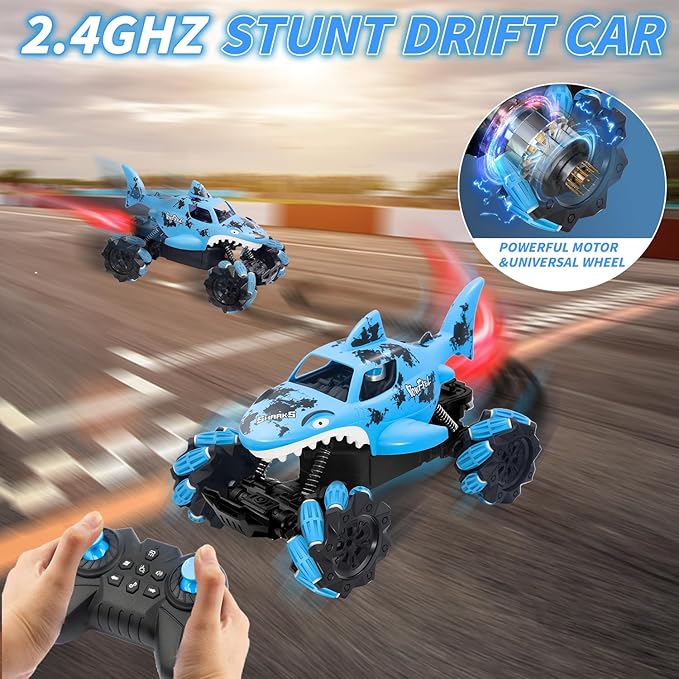 Ansee RC Cars for Kids, Shark Remote Control Car for Boys, 2.4GHz 360 Flips Rotating All Terrains RC Truck with Water Shooting, Sound & Spray Remote Control Truck Toys for Boys Girls Gifts (Blue)