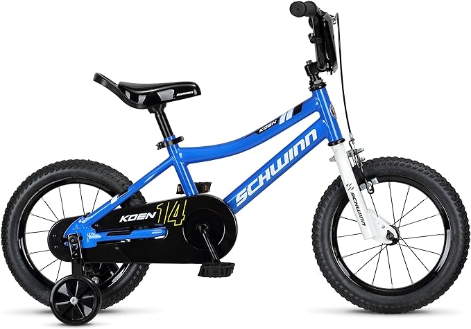 Schwinn Koen BMX Style Toddler and Kids Bike, For Girls and Boys, 14-Inch Wheels, With Saddle Handle, Training Wheels, Chain Guard, and Number Plate, Recommended Height 36-40 Inch, Blue
