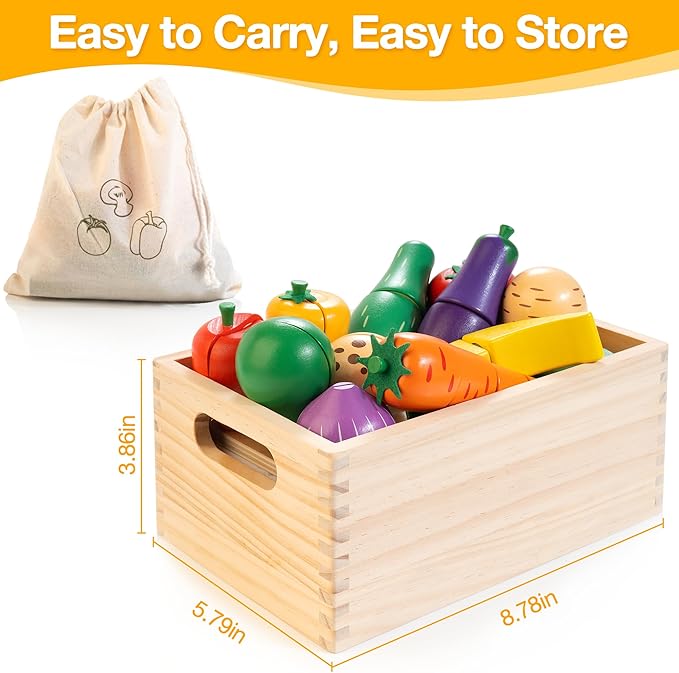 Wooden Play Food Set for Kids Kitchen | Velcro Chopping Veggies & Fruits Toy Food Set with Storage Case & Bag, Play Kitchen Accessories, Pretend Play Food for Toddlers 3+