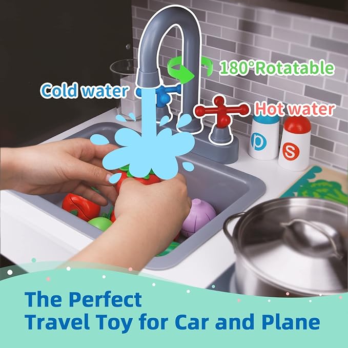 TOOKYLAND Kids Kitchen Playset, Wooden Chef Play Kitchen for Toddler with Sink, Oven, Range Hood, Stove, ice Maker and Microwave, Ideal Toddler Toys for as Present