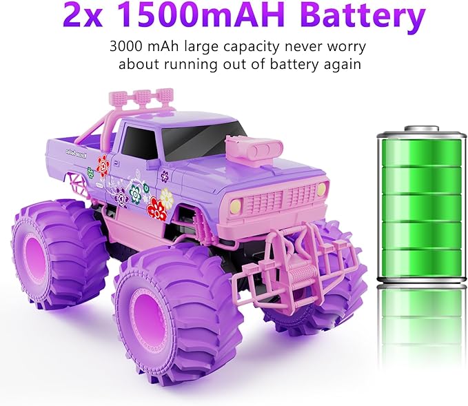 MUYOLO Remote Control Monster Truck for Girls- 1:16 Rc Car with 2 Batteries 2.4GHz 4WD Off-Rock All Terrain Waterproof Amphibious Toys, for Christmas Birthday Gifts Presents Kids Boys Girls Ages 6+
