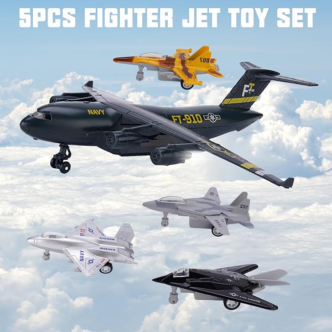 5 Pack Army Navy Airplane Toys Set with Light & Sounds, Military Fighter Jet Die Cast Plane Metal Aircraft Toy, Pull Back Aircraft Gift for Kids Toddlers Boys Girls Ages 3+