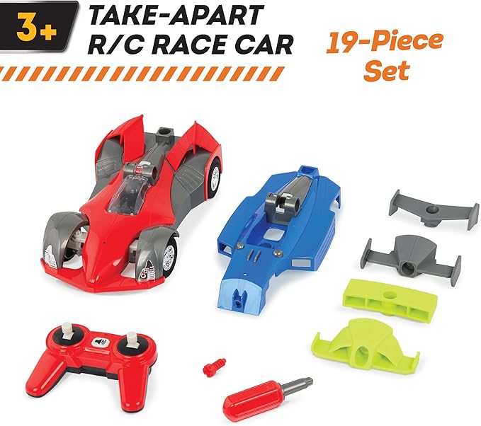Driven by Battat – 19 Pcs Take-Apart Car Toy with Construction Tool – Remote Control Race Car – Customizable Car Body – Lighting Fast R/C Car with Lights & Sounds – STEM Toy for Age 3+