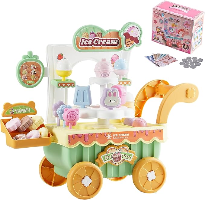 VEVOR Ice Cream Cart for Kids, 27 PCS Accessories, Pretend Play Store with Storage Trolley with Pretend Money, Sound & Light Effects, Montessori Educational Ice Cream Truck Toys for Toddlers 3+