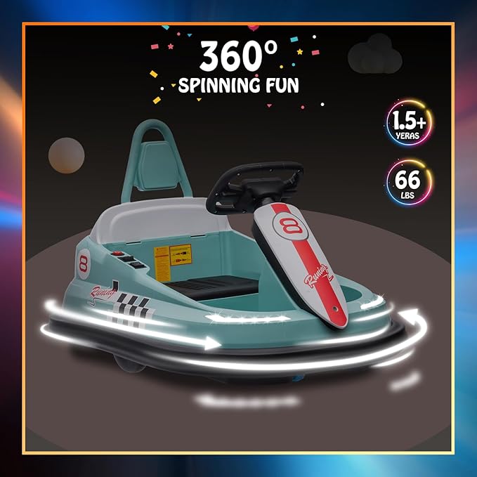 Hetoy Bumper Car for Toddlers, 6V Electric Ride On Toys for Kids, 1.9 MPH Max Speed, Steering Wheel, 360 Degree Spin, 2-Speeds, Lights, Music & Horn, Birthday Gift for Boys Girls 2-6 Years Old, Green