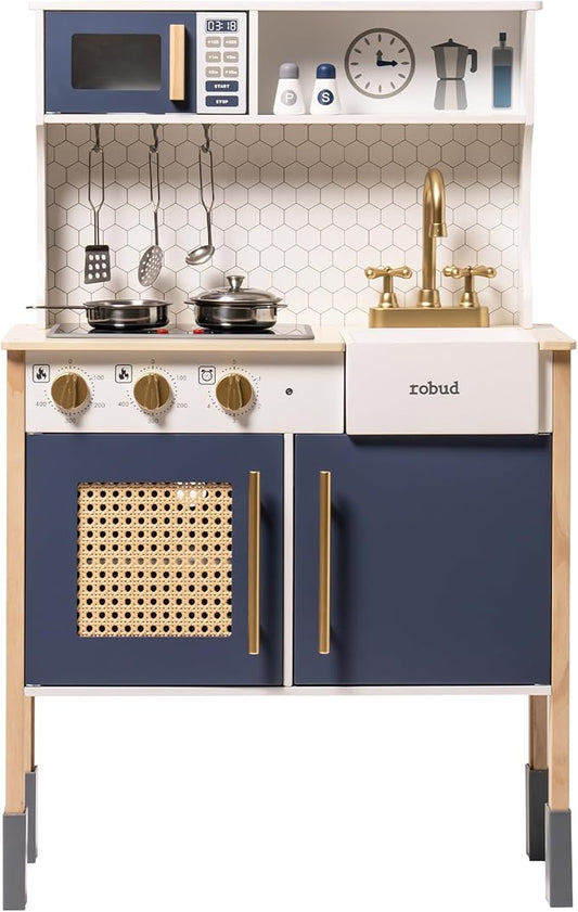 ROBUD Play Kitchen, Wooden Kids Kitchen Playset with Sounds & Lights, Pretend Play Kitchen Set for Toddlers, Gift for Boys & Girls, Vintage Style, 3+ (Gem Blue)