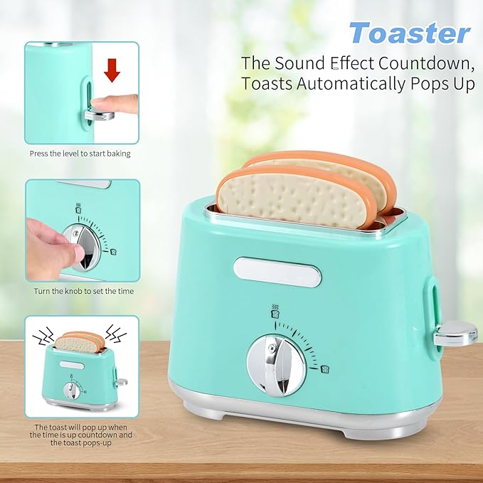 Pretend Play Kitchen Set for Kids Ages 4-8, Toy Kitchen with Realistic Lights and Sounds, Mini Cooking Appliances, Play Food Accessories, Durable Kids Kitchen Toys for Girls & Boys (Green)