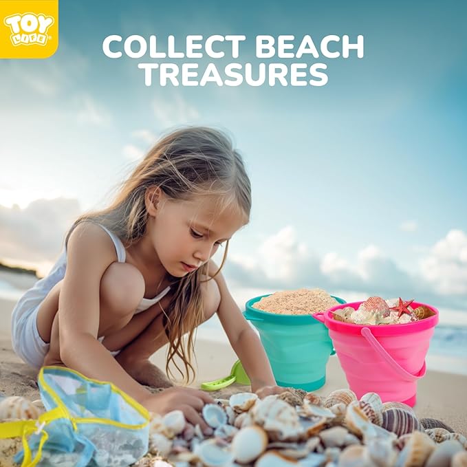 TOY Life Beach Toys for Kids Ages 4-8 Collapsible Sand Toys Toddlers with Silicone Bucket Shovels & Sand Castle Building Kit Molds, Sandbox Toy Travel, Beach Party, Fishing, Summer Activities
