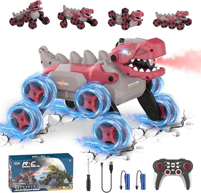 Dinosaur Remote Control Car - 8WD RC Toys for 4 5 6 7 8 Year Old Boys, 2.4Ghz RC Transform Stunt Monster Car with 360°Rotating/Spray/Roar, Birthday Xmas Gifts for Kids Age 4-6 5-7 8-12