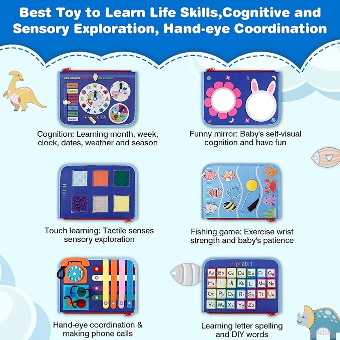 Busy Board Montessori Baby Toys for 1 2 3 4 Year Old Boys Girls Gifts, Sensory Toy for Toddlers 1-3, Educational Activities Travel Toy for Airplane Car, Busy Book for Learning Fine Motor Skills