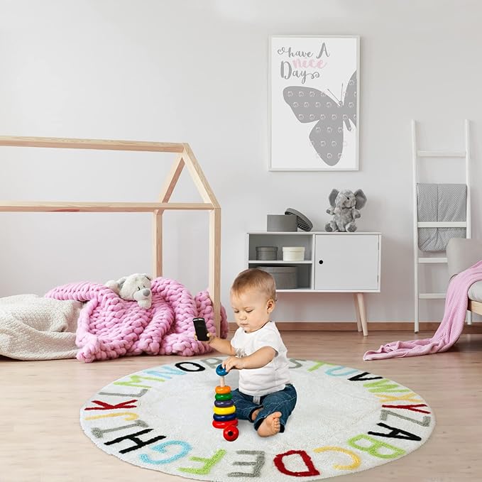 Round ABC Kids Carpet Large Playmat - Play Learn and Have Fun Safely, Hand Woven Alphabet Baby Crawling Mat, Educational Soft Rug, Baby Shower/Birthday Gift, Colorful