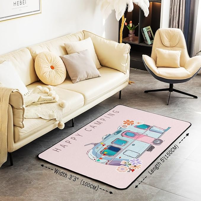 Erosebridal Camper Area Rug 3x5 Happy Camping Rug for Kids Girls Boys Cartoon Spring Floral RV Car Travel Carpet Cute Pink Blue Vintage Flowers Non Slip Decorative Rug