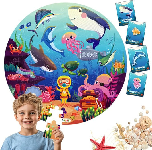 Jumbo 70 Piece Round Floor Puzzles for Kids Ages 3-5, 6-8, Large Jigsaw Puzzle with Educational Flash Cards and 3D Figures | Educational Gift (Underwater World)