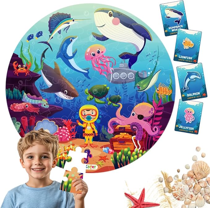 Jumbo 70 Piece Round Floor Puzzles for Kids Ages 3-5, 6-8, Large Jigsaw Puzzle with Educational Flash Cards and 3D Figures | Educational Gift (Underwater World)