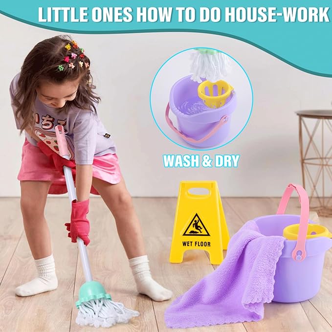 14PCS Toddler Kids Cleaning Toy Set, Kids Adjustable Mop Broom & Dustpan Set, House Cleaning Tool Toys for Toddlers 1-3,Montessori Learning Pretend Play Gift for Girl Boy 1-3-5 Year Old Clean Toy