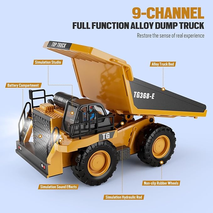 RC Dump Truck Toy, 9-Channel Remote Control Toy with Metal Bed & Light, Rechargeable Battery, Kids Construction Vehicle Truck for 3+ Boys, Perfect 2024 Kid Birthday Gift for Ages 3-12