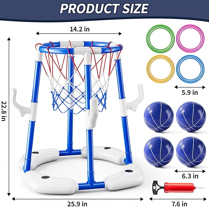 2 in 1 Pool Basketball Hoop Game for Kids Ages 3 4 5 6 7 Year Old, Floating Pool Toys with 4 Balls, Tossing Game, Summer Outdoor Swimming Water Play, Cool Party Gifts for Kids Adults Age 3-12