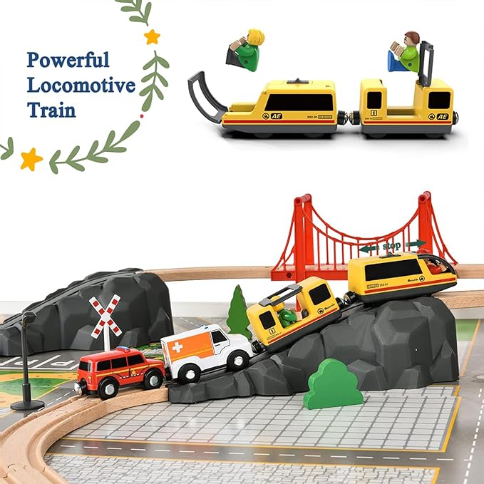 Giant bean 72PCS Fire Station Wooden Train Track Electric Train Set, Gift Packed Toy Railway Kits for Kids, Toddler Boys and Girls 3,4,5 Years Old and Up, Christmas Birthday Gift Toy for Kids