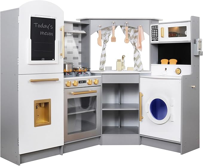 Large Wooden Corner Play Kitchen Sets with Ice Maker,Water Dispenser,Bread Maker,Washing Machine,Electronic Display,Toy Sink with Running Water,Stove with Light&Sounds, Birthday Gift for 3+