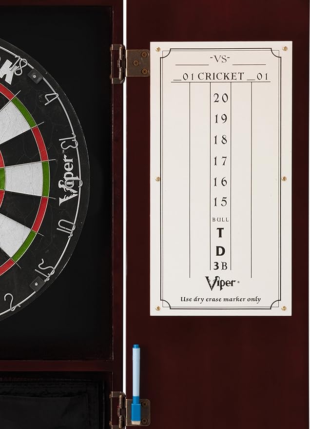 Viper Metropolitan Solid Wood Cabinet & Sisal/Bristle Dartboard Play-Ready Bundle: Elite Set (Razorback Dartboard, Darts and Laser Throw Line), Mahogany Finish