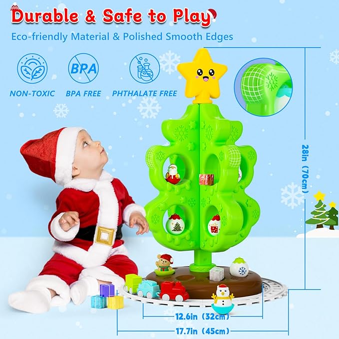 My First Christmas Tree for Toddlers, Montessori Christmas Decoration Toy with Ornaments, Mini Train Set, Roly Poly Toys, Finger Puppets, Birthday Xmas Gifts for Little Kids Boys and Girls