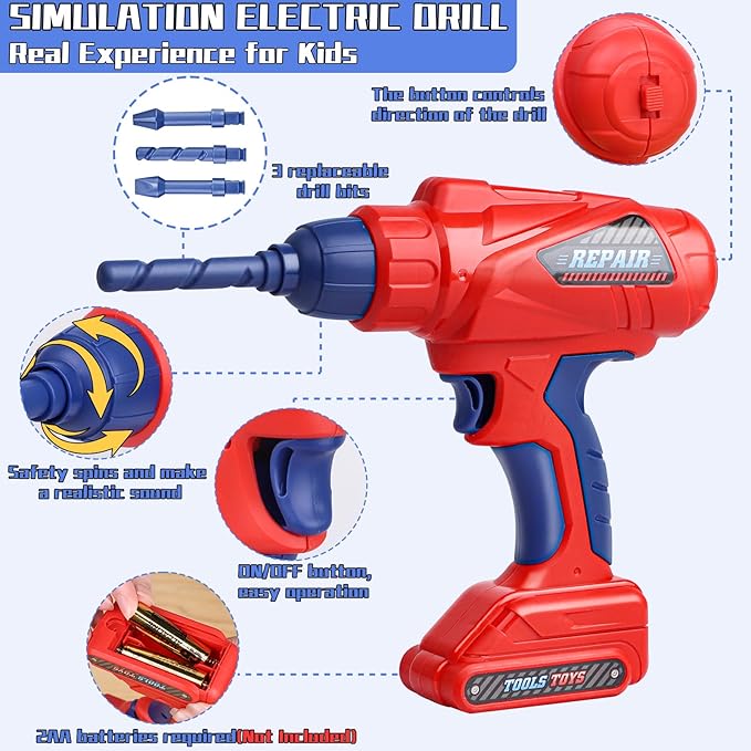 Kids Tool Set, MAGIC4U 49PCS Toddler Tool Set with Electronic Toy Drill,Tape Measure 12 Tool Equipment,Pretend Play Construction Costume with Safety Vest Hat,Toy Tool Box for Kids Boy Girl Age 3-8