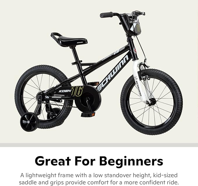 Schwinn Koen BMX Style Toddler and Kids Bike, For Girls and Boys, 16-Inch Wheels, With Saddle Handle, Training Wheels, Chain Guard, and Number Plate, Recommended Height 38-48 Inch, Black