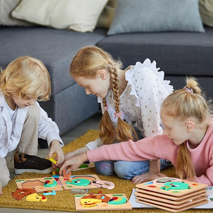 Capoda 12 Pack Farm Animal Wooden Puzzles Wood Farm Jigsaw for Toddlers Featuring Cow, Sheep, Pig and More Montessori Preschool Learning Games for Boys Girls Classroom Exchange Gifts Party Favors