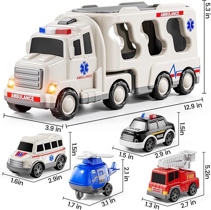 5-in 1 Play Ambulance Toy Vehicle Toddler Truck Toys for 3 4 5 6 7 Year Old Boys - Friction Powered Cars with Light and Sound, Police Car, Fire Truck, Ambulance Car, Birthday Gifts for Kids