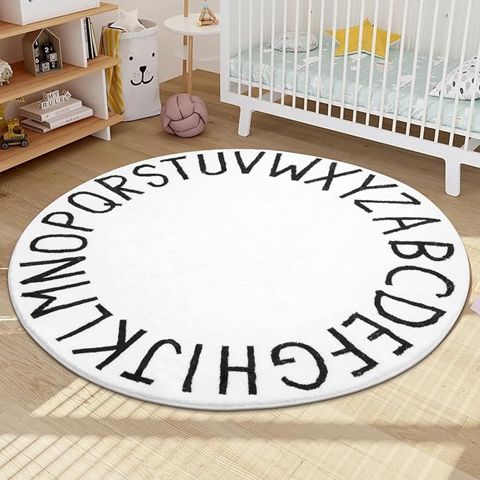 SHACOS Ultra Soft Round ABC Rug 4 Ft Fluffy Washable for Toddlers Baby Crawling Kids Room Playroom Nursery Non Slip Alphabet Educational Classroom Carpet