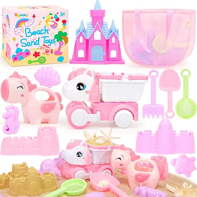 Tagitary Beach Toy Unicorn Sand Toys for Kids,Sand Castle Toys for Beach with Mesh Bag,Sand Shovels,Castle Sand Kits,Sifters,Unicorn Watering Can and Truck,Beach Essential Outdoor Toys for Kids