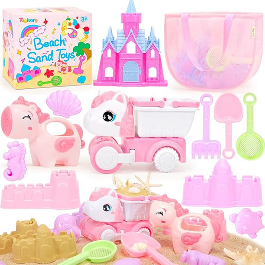 Tagitary Beach Toy Unicorn Sand Toys for Kids,Sand Castle Toys for Beach with Mesh Bag,Sand Shovels,Castle Sand Kits,Sifters,Unicorn Watering Can and Truck,Beach Essential Outdoor Toys for Kids