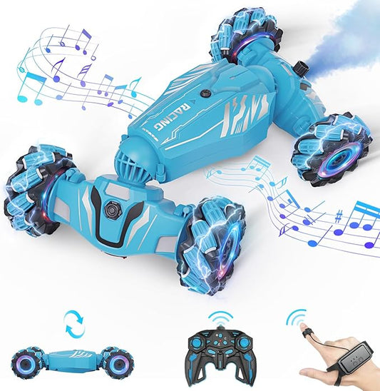 Dysaim Gesture Sensing RC Stunt Car, Cool Birthday Gifts for Boys Ages 6-12 Toys, 4WD Remote Control Car 360° Rotate Transform Drift RC Cars with Lights Music Sprayer, 2.4Ghz Hand Controlled