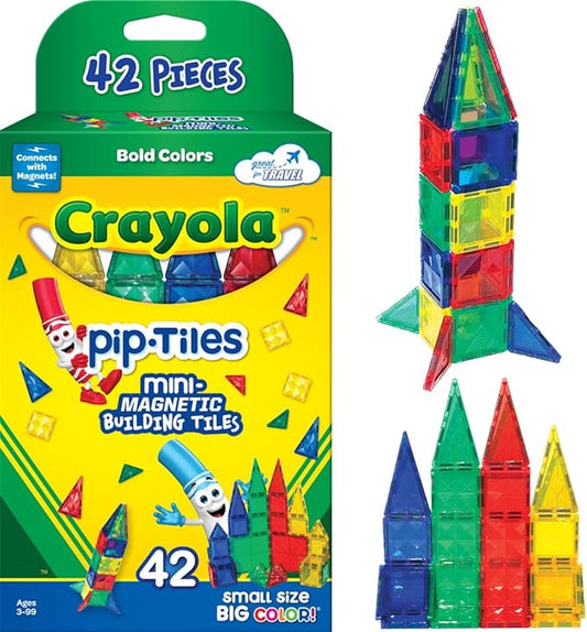 CreateOn Crayola Mini Magnetic PIP-Tiles, Building Set for Kids, Magnetic Building Toys for Kids, STEM Travel Toys for Boys and Girls Ages 3+, 42-Piece Set (Bold)