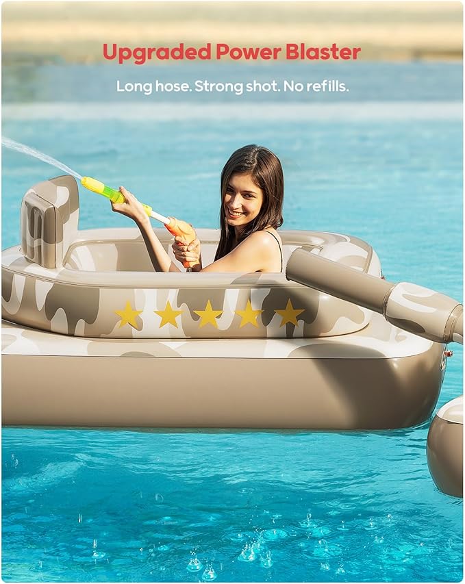 QPAU Inflatable Tank Pool Float for Adults & Kids – Ride-On Camouflage Floaty with Water Cannon, Swim Raft Toy for Boys Girls Ages 6+, Lake Beach Backyard Party Floaties