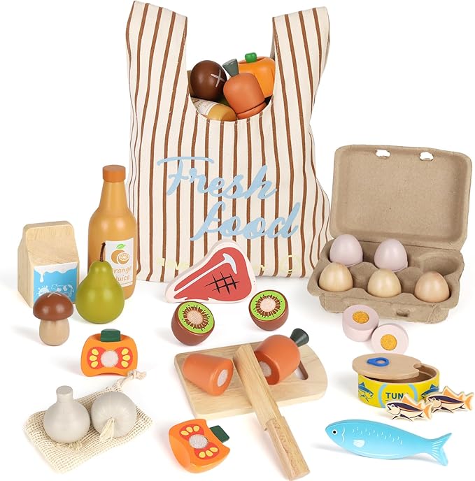 Lehoo Castle Wooden Play Food Sets for Kids Kitchen, Food Toys for Toddlers 3+ Year Old, Pretend Food Play Kitchen Accessories, Cutting Fruits Vegetables Toys, Gift for Boys Girls