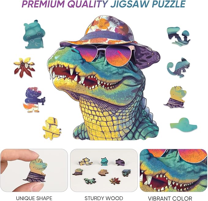 Wooden Puzzles for Adults, Glasses Crocodile Jigsaw Puzzles 200 Pieces Animal Unique Shaped Wood Cut Puzzle Gifts for Adults and Kids, Family Puzzle Games, Medium Size